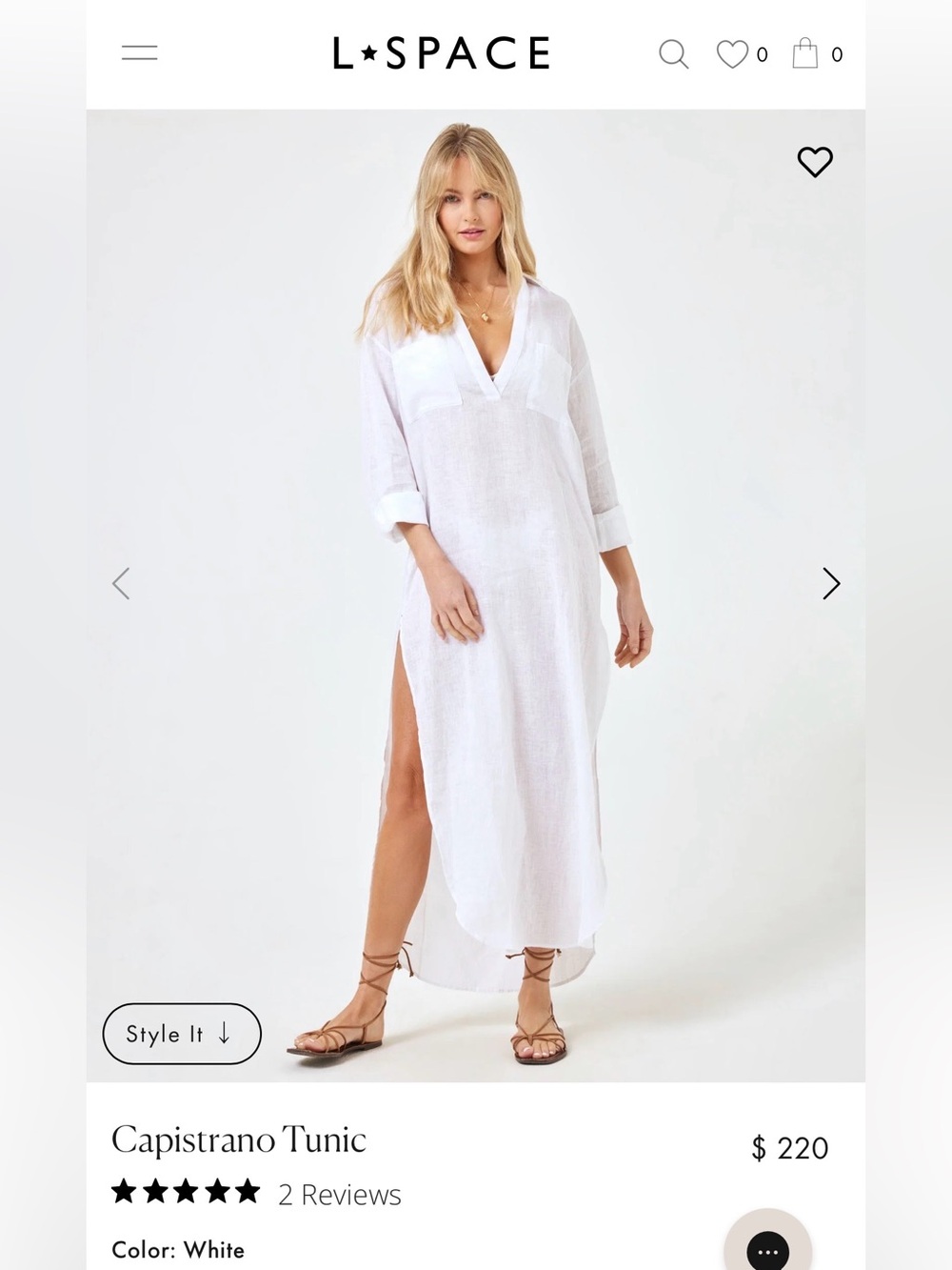 L*Space White Linen V-Neck Capistrano Tunic Cover-Up M/L
